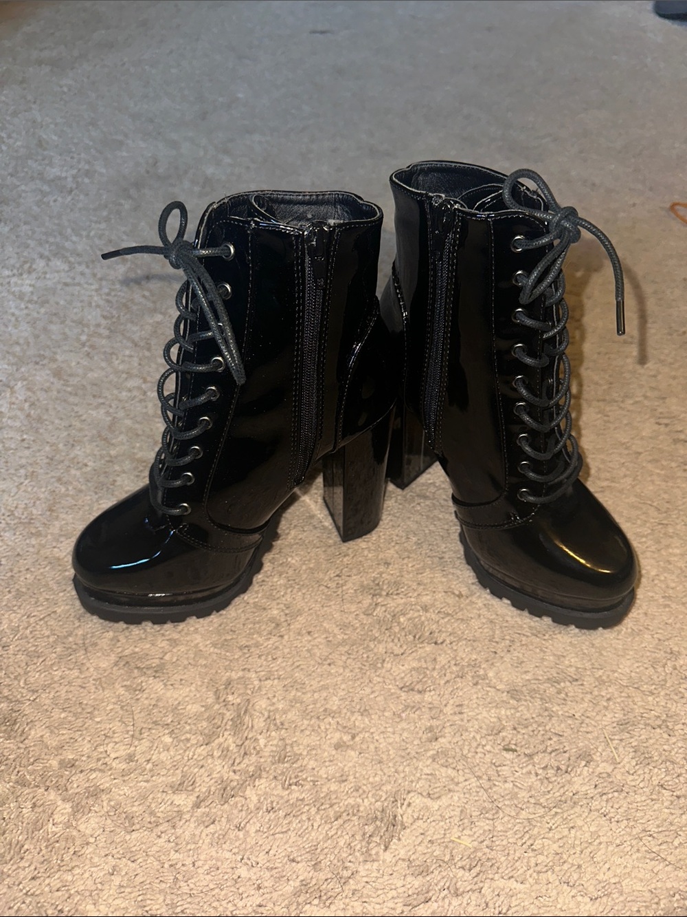 Wild Diva Black Patent Lace-Up Platform Ankle Boots